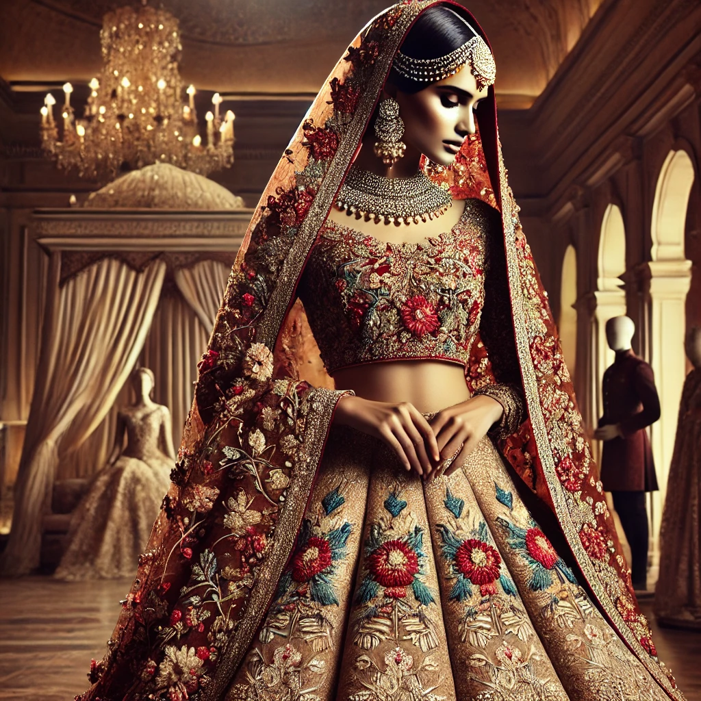 A stunning bridal lehenga in deep jewel tones, designed by Sabyasachi Mukherjee. The outfit showcases intricate embroidery, gold embellishments, and traditional Indian craftsmanship, perfect for luxury weddings.