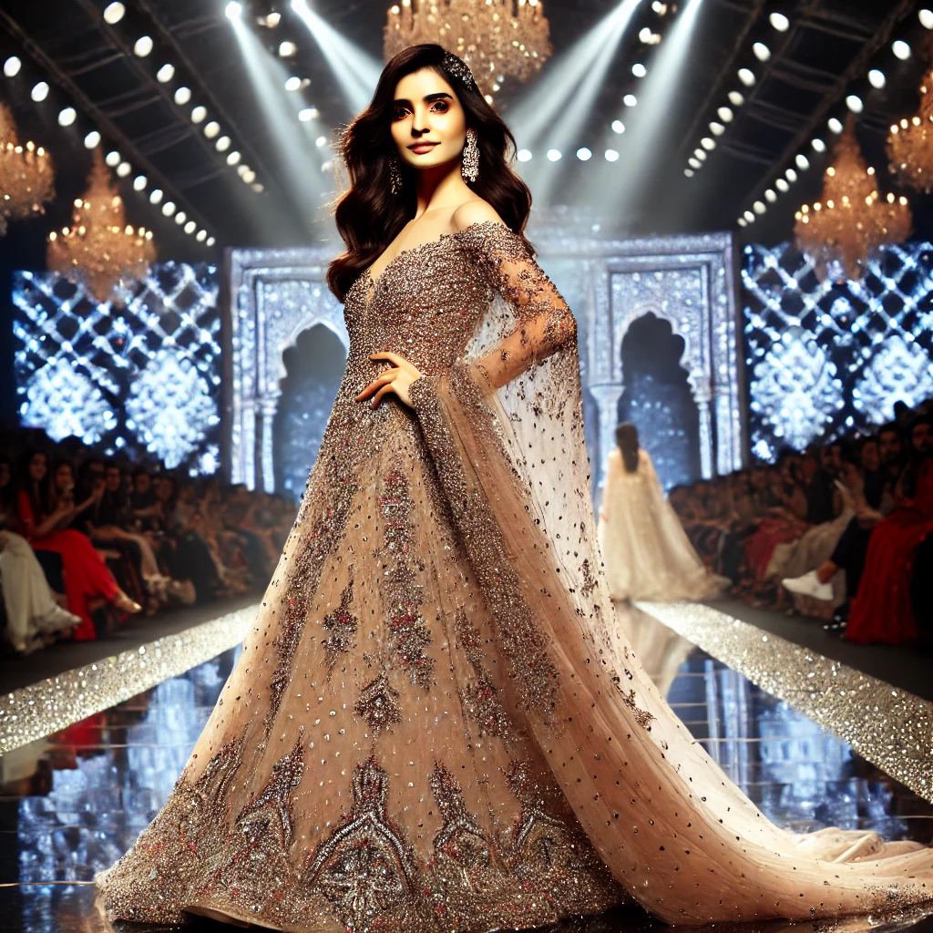  A glamorous Bollywood-style gown designed by Manish Malhotra. The dress is adorned with sequins, heavy embellishments, and a flowing silhouette, capturing the designer’s signature red-carpet appeal.