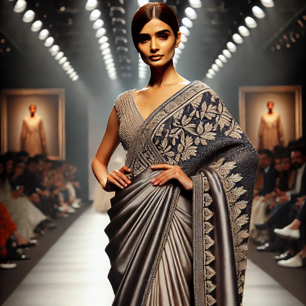 A model wearing a contemporary draped saree designed by Tarun Tahiliani. The outfit features structured silhouettes, delicate embroidery, and luxurious fabrics, showcasing a fusion of modern and traditional Indian fashion.