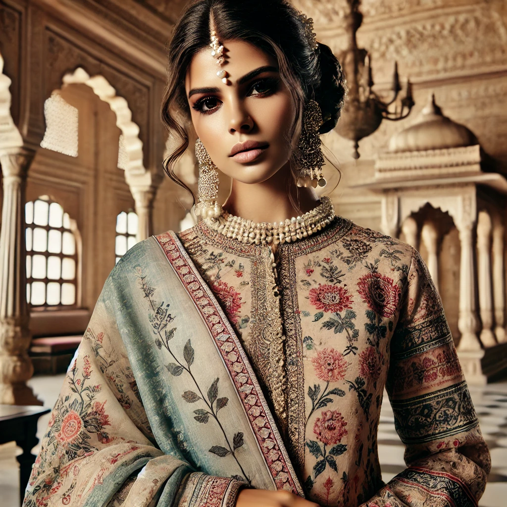 A model wearing an intricately embroidered Indian outfit designed by Ritu Kumar. The attire showcases handwoven textiles, block prints, and classic Indian craftsmanship, reflecting the designer’s rich cultural heritage.
