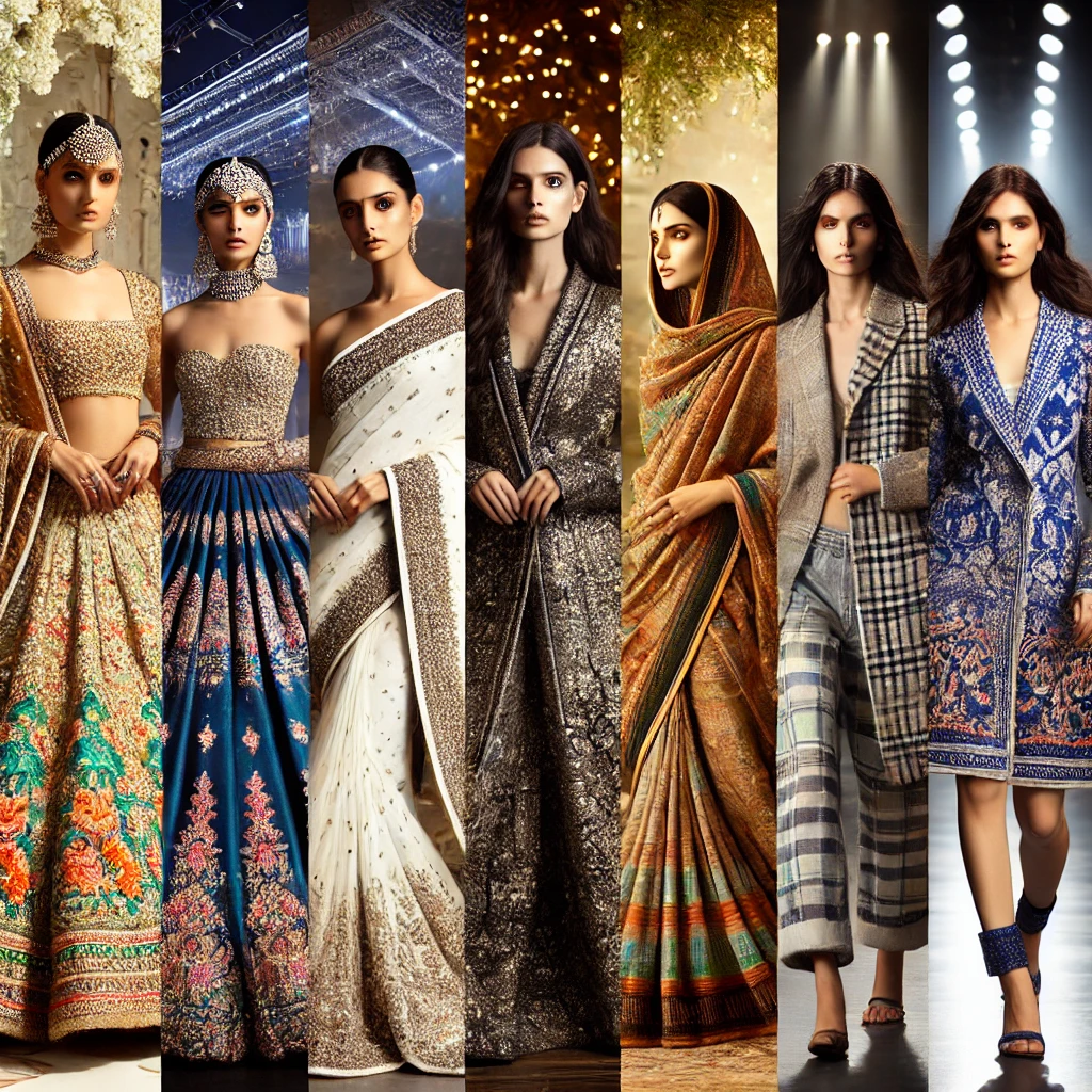 A stunning collage of India's top fashion designers' signature styles. The image features an opulent Sabyasachi bridal lehenga with intricate embroidery, a glamorous Manish Malhotra Bollywood-style gown with sequins, a draped saree by Tarun Tahiliani showcasing structured silhouettes, an eco-friendly Anita Dongre outfit made from sustainable fabrics, and a traditional handwoven ensemble by Ritu Kumar reflecting rich Indian heritage. The background depicts a high-fashion runway with bright lights, symbolizing India’s influence on global fashion.