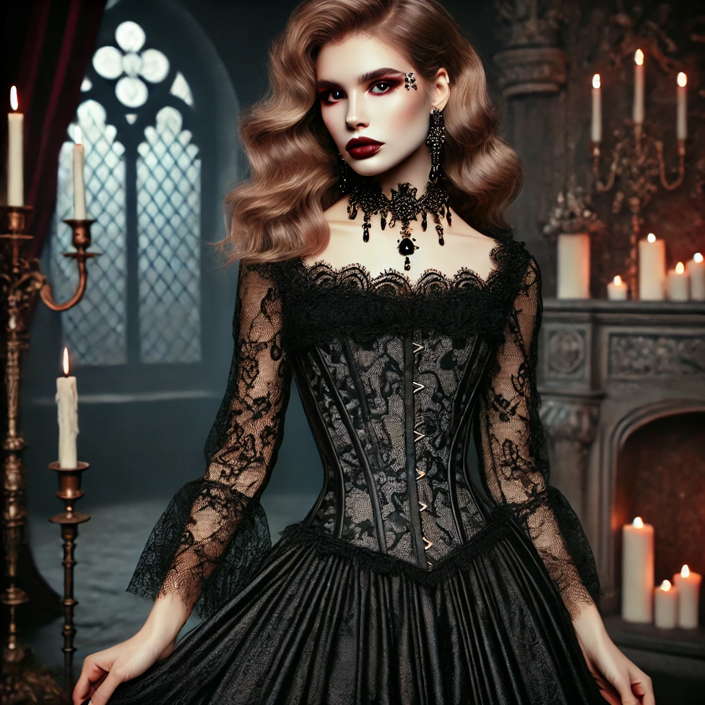 A model in a black lace Victorian gown with dark red lipstick and intricate Gothic jewelry. The background features a dimly lit Gothic castle with candlelight ambiance.