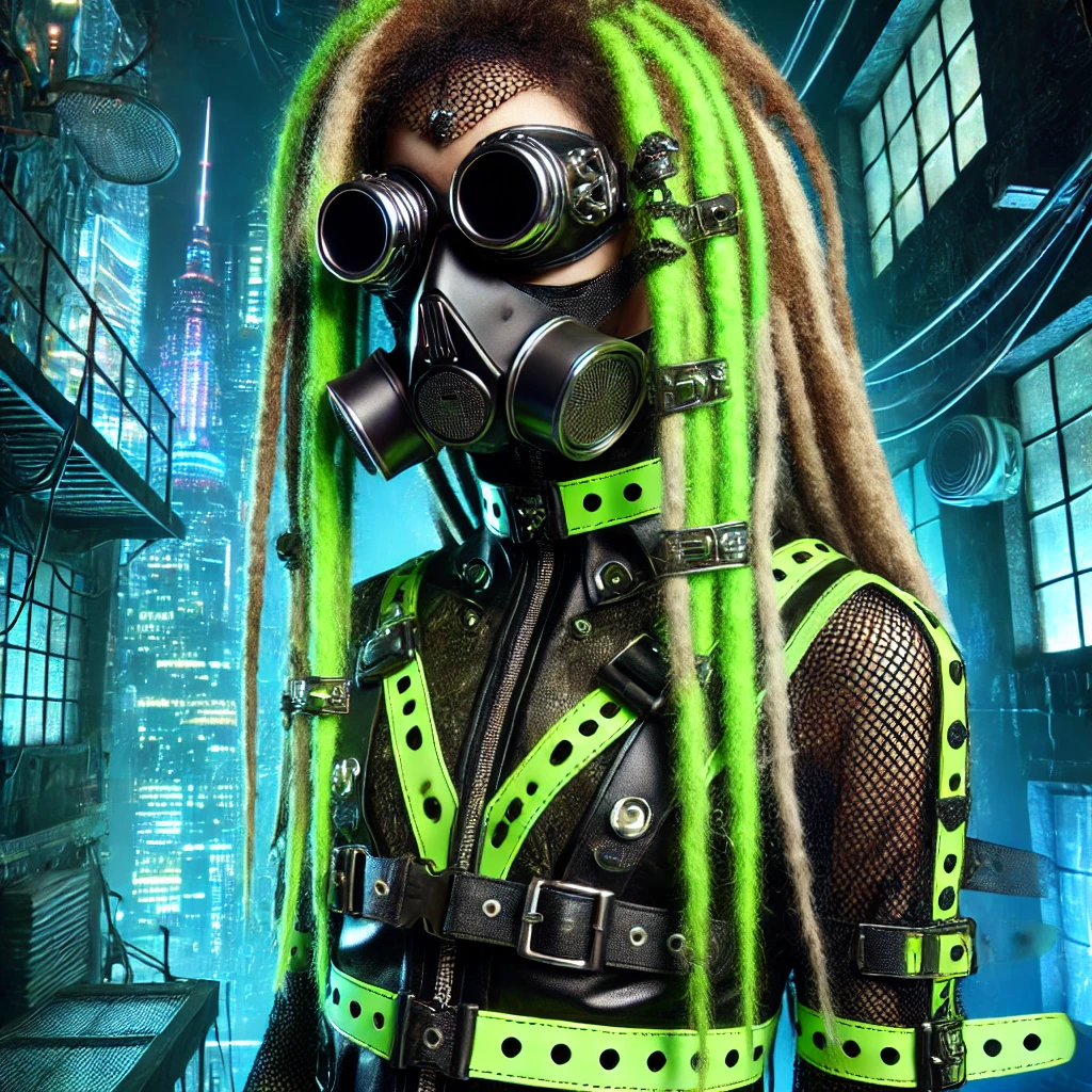 A Cyber Goth model in neon green and black attire, wearing a gas mask, goggles, and dreadlock extensions. The industrial background features glowing neon lights and a high-tech dystopian cityscape.