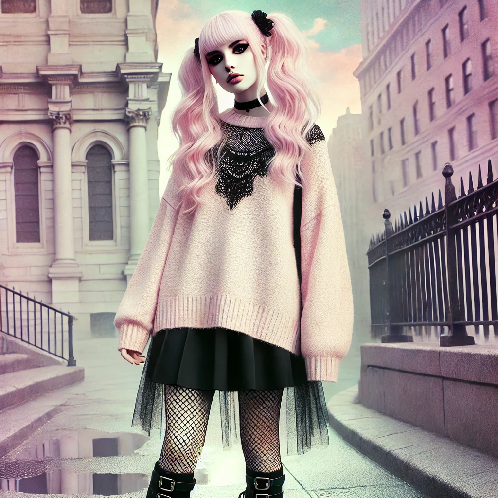 A model in a Pastel Goth outfit, combining a black skirt, fishnet stockings, a pastel pink sweater, and dark eyeliner. The setting is a dreamy urban backdrop with a touch of Gothic architecture.