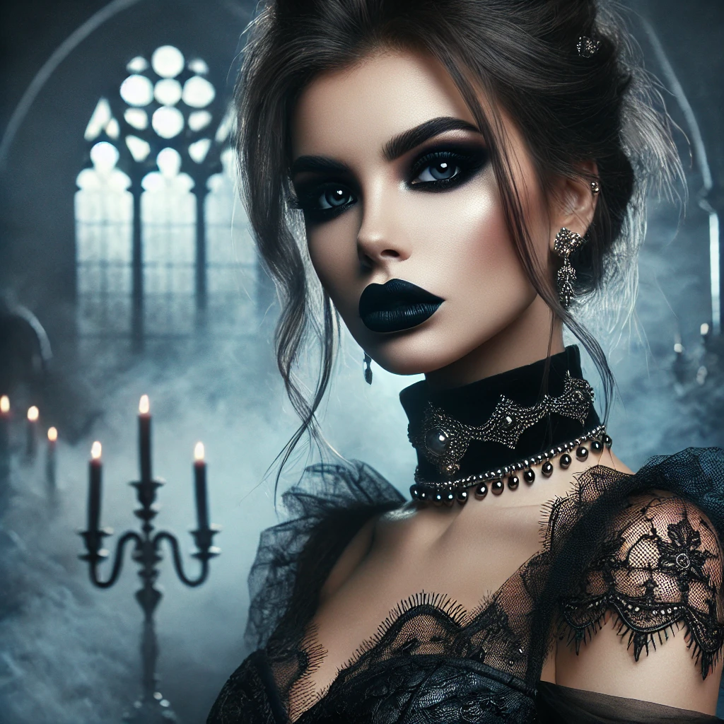 A dramatic and eye-catching Gothic fashion model with striking makeup, black lipstick, and an intense, mysterious gaze. She wears a dark lace dress with intricate detailing, a velvet choker, and silver Gothic jewelry. The background features a fog-filled Gothic cathedral illuminated by eerie candlelight, creating a dark, cinematic, and captivating atmosphere.