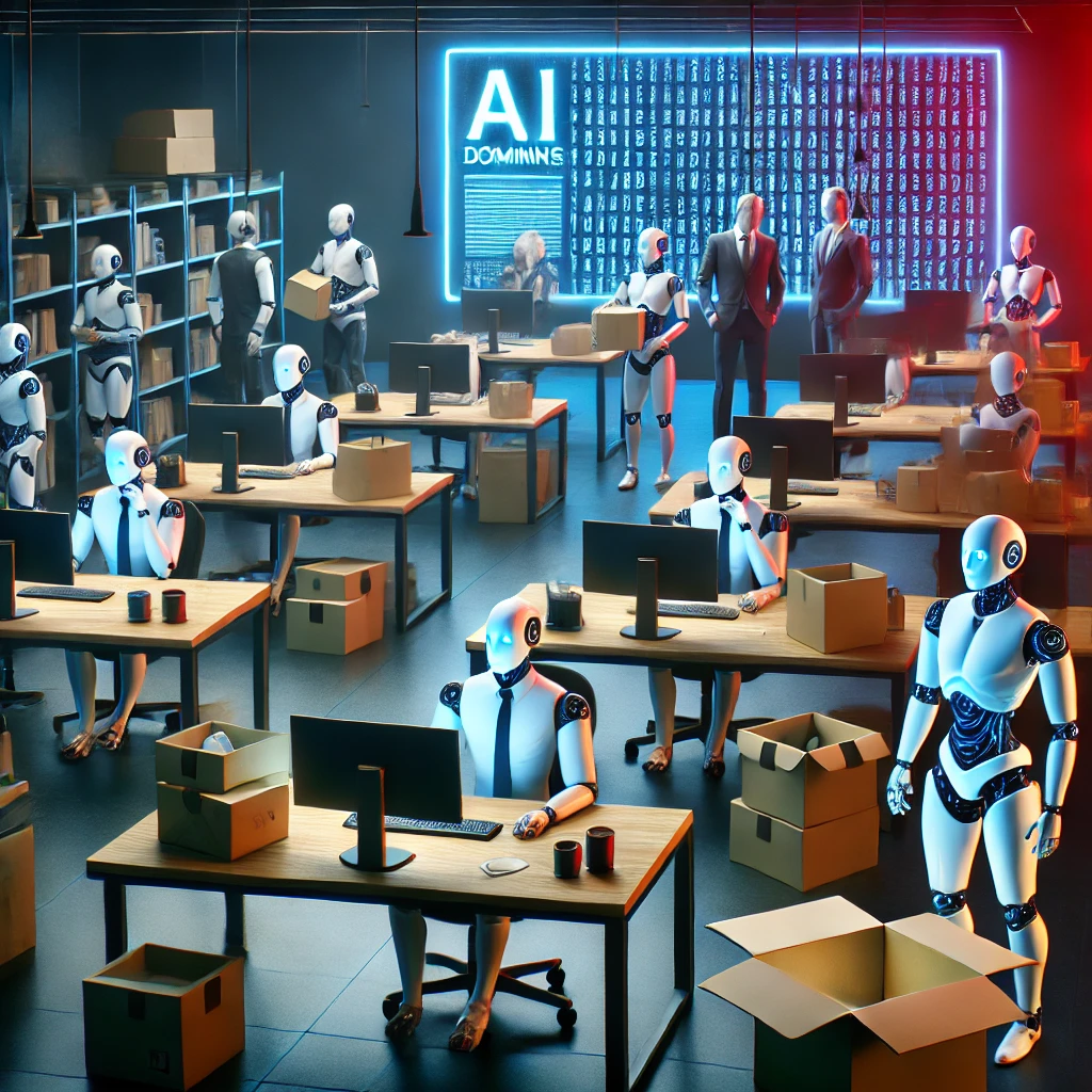 A-futuristic-office-scene-where-multiple-AI-robots-are-working-at-desks-while-human-employees-watch-in-shock.