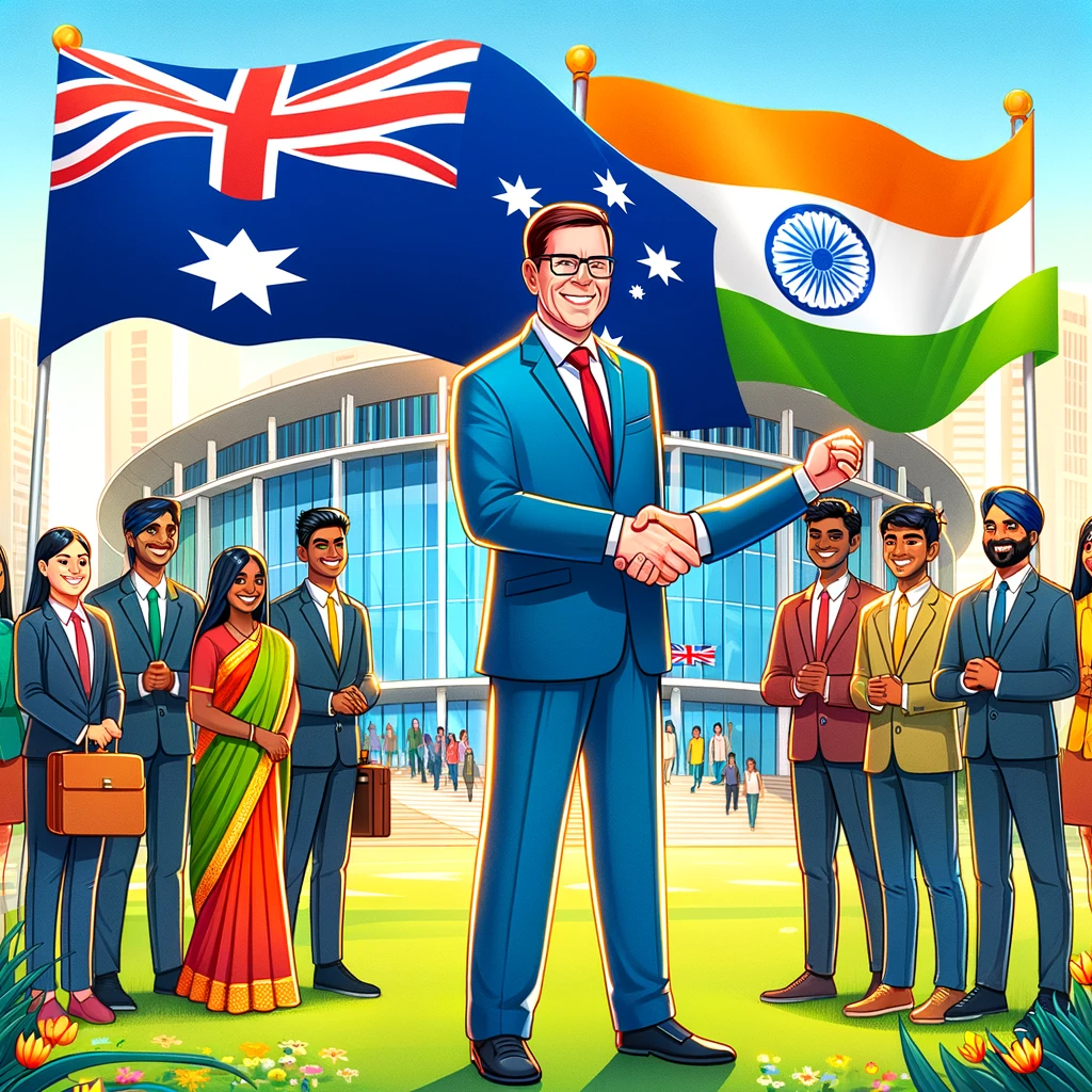 An-illustration-of-South-Australias-Premier-shaking-hands-with-Indian-university-students-in-front-of-a-modern-campus-with-flags-of-Australia-and-India