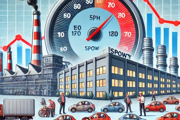 An-illustration-of-a-factory-and-office-building-with-speedometer-graphics-showing-slowing-business-activity.-People-looking-confused-while-charts