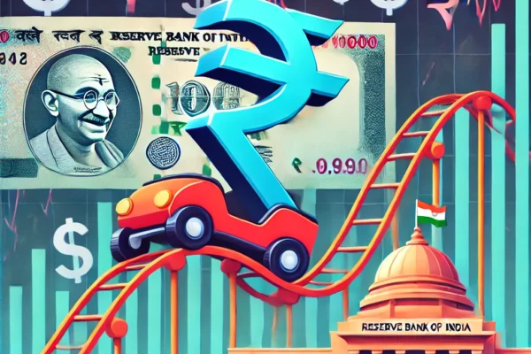 Rupee’s Rollercoaster: What’s Fueling the Currency Drama This Week? An-animated-Indian-rupee-symbol-on-a-rollercoaster-track-going-up-and-down-against-a-backdrop-of-dollar-signs-stock-charts-and-the-Reserve-Bank-of-india