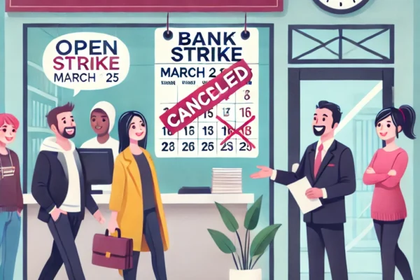 Bank Strike Called Off Last Minute – Here’s What Saved the Day! A-scene-showing-relieved-people-in-front-of-an-open-bank-branch-with-a-calendar-marked-March-24-and-25-and-a-canceled-Bank-Strike-sign