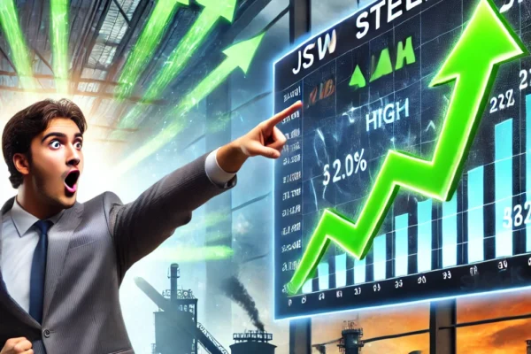 An-excited-stock-trader-pointing-at-a-large-screen-showing-JSW-Steel-stock-reaching-an-all-time-high-with-upward-green-arrows-and-charts-and-a-steel